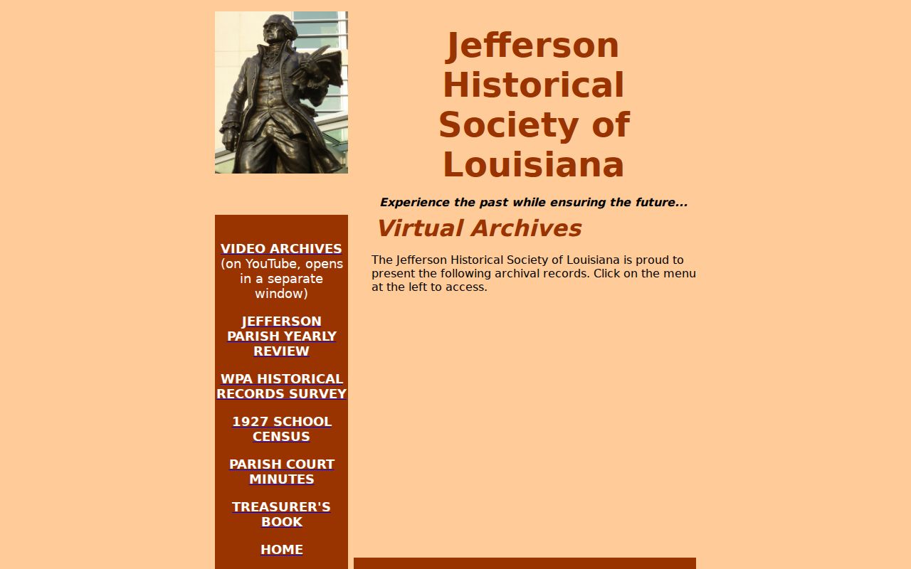 Jefferson Historical Society virtual archive menu for Terrytown historical research