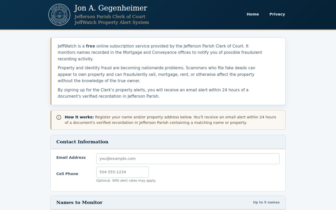 JeffWatch property-record alert signup for names and Terrytown addresses