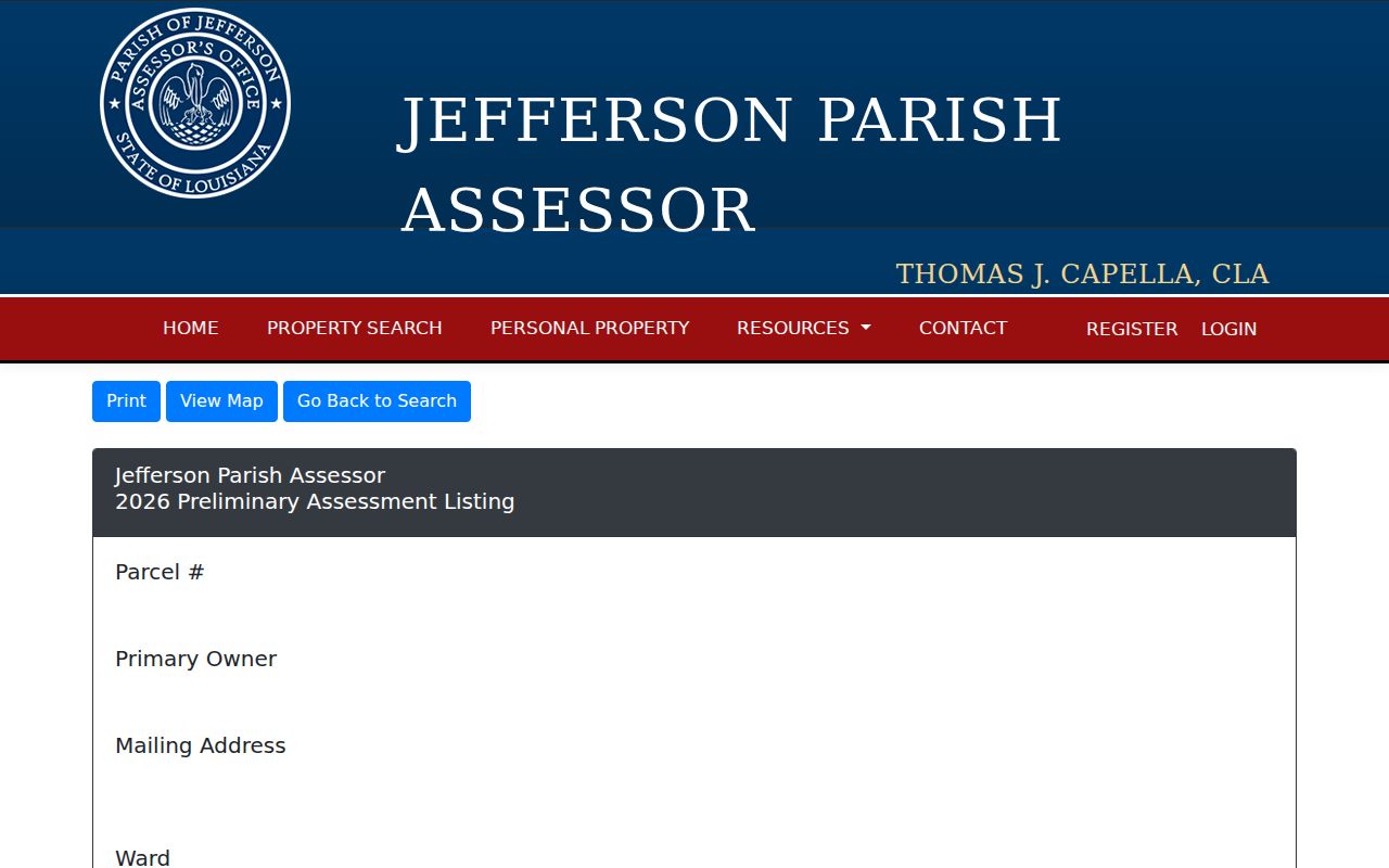 Jefferson Parish Assessor parcel card structure used in a Terrytown neighbor search