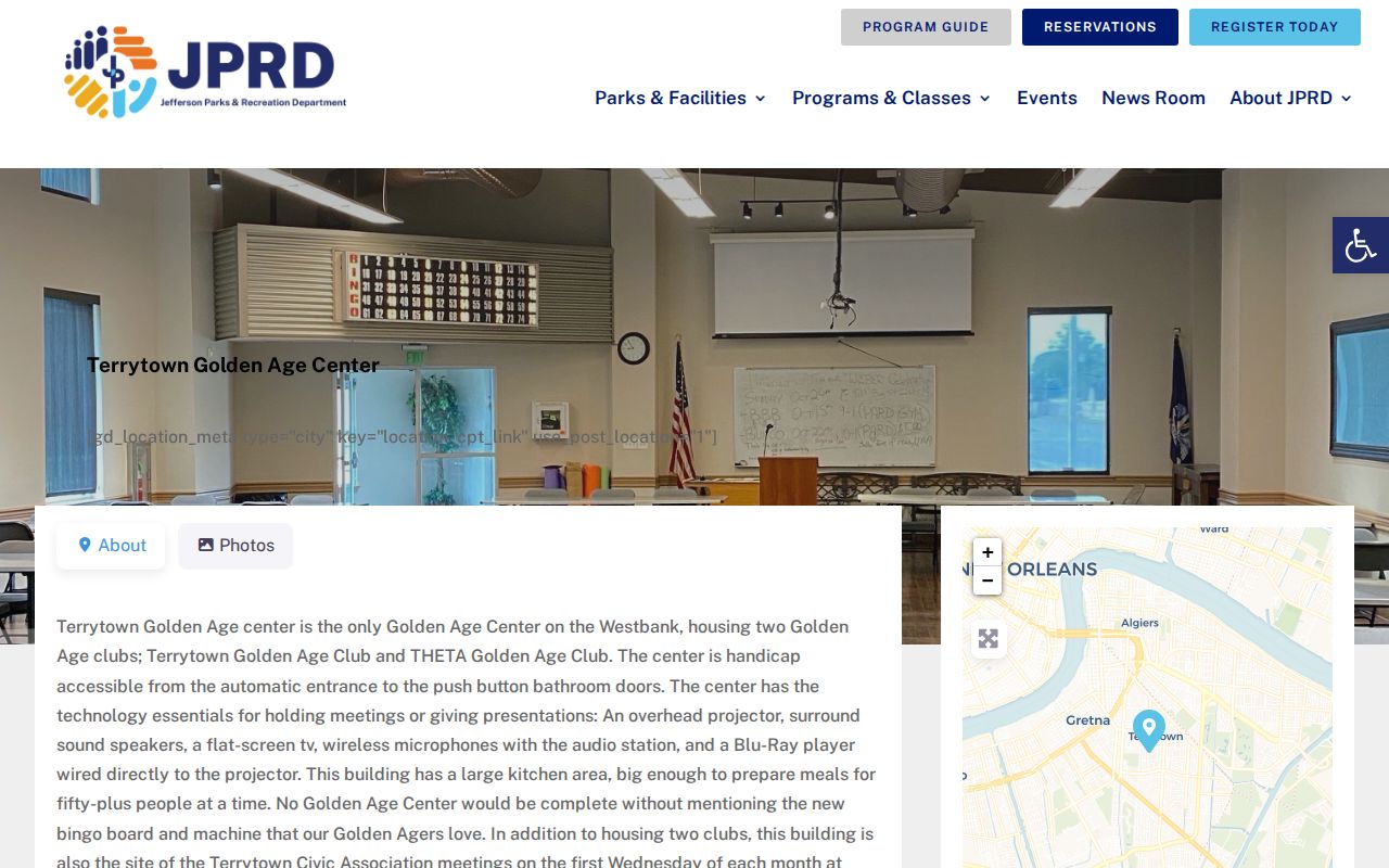 Terrytown Golden Age Center page with the civic association meeting lead
