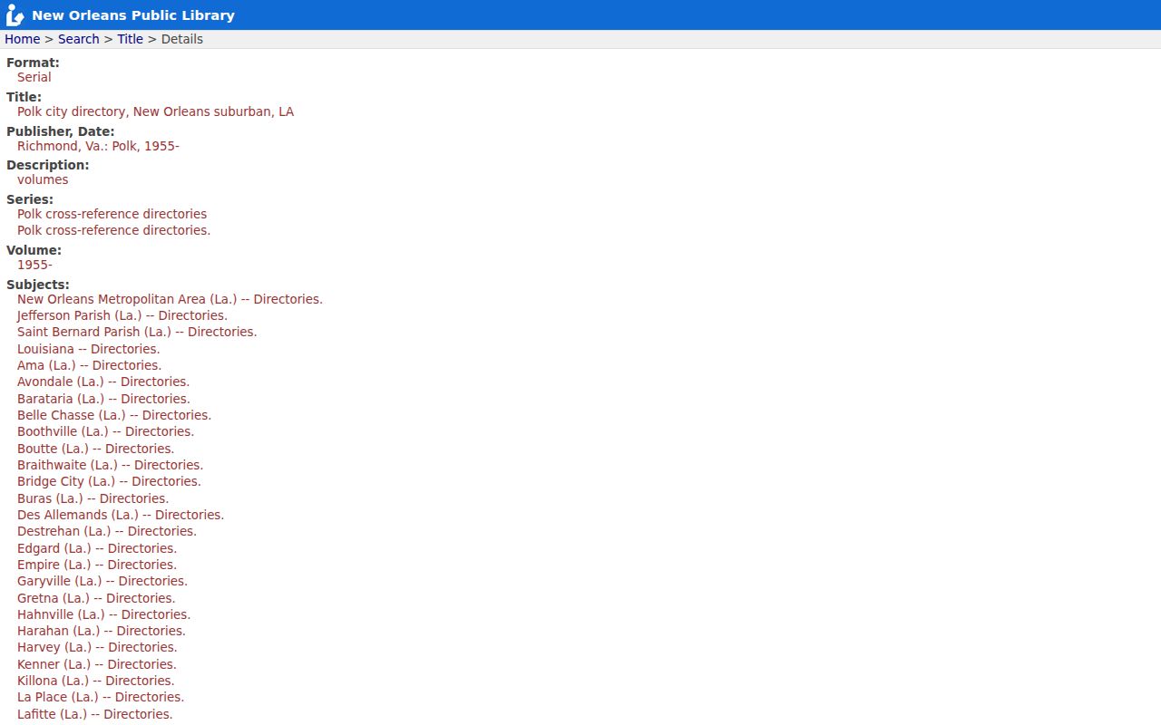 Library catalog record for the Polk suburban directory covering Terrytown previous residents
