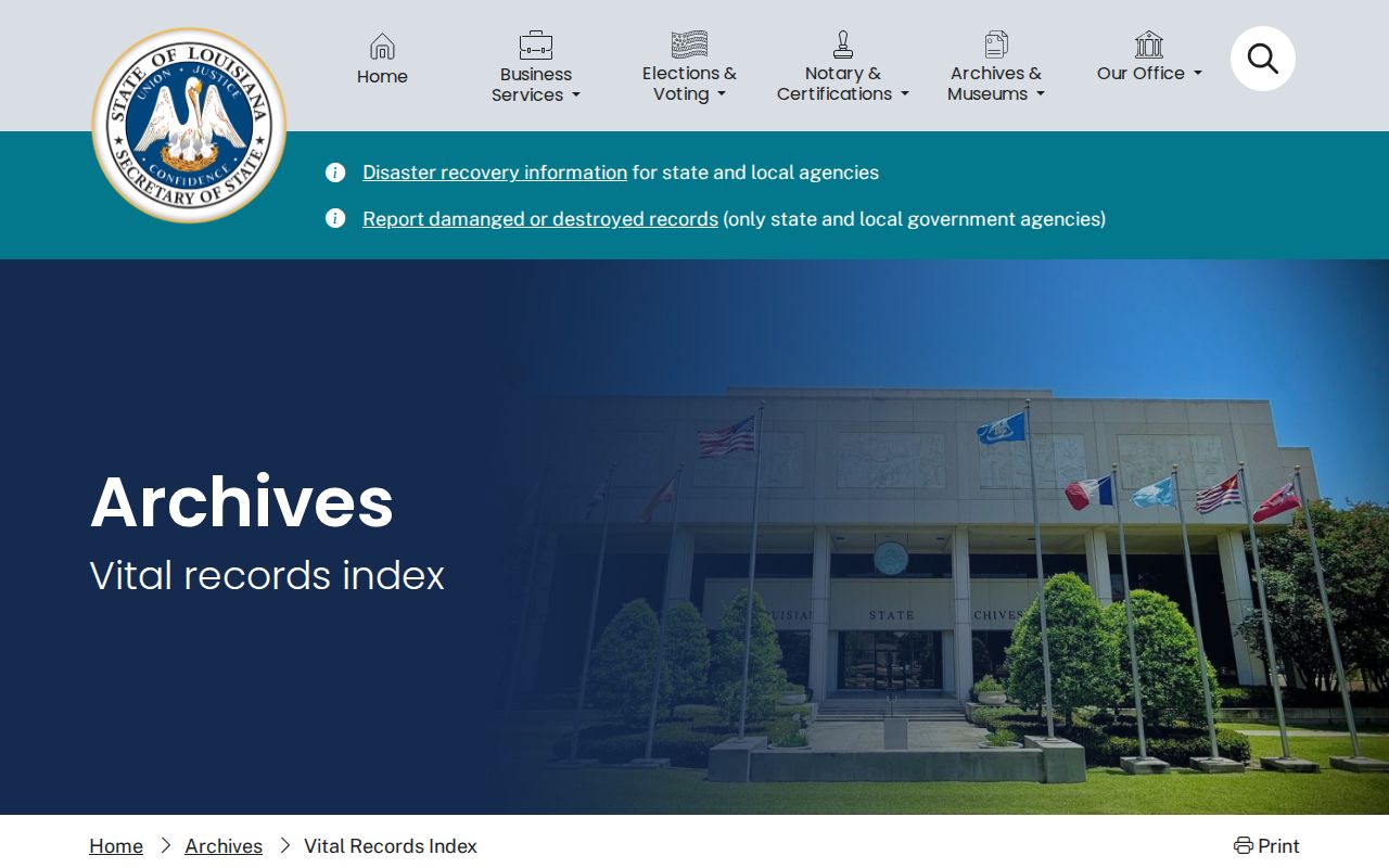 Louisiana State Archives vital records index for confirming a Terrytown historical trail