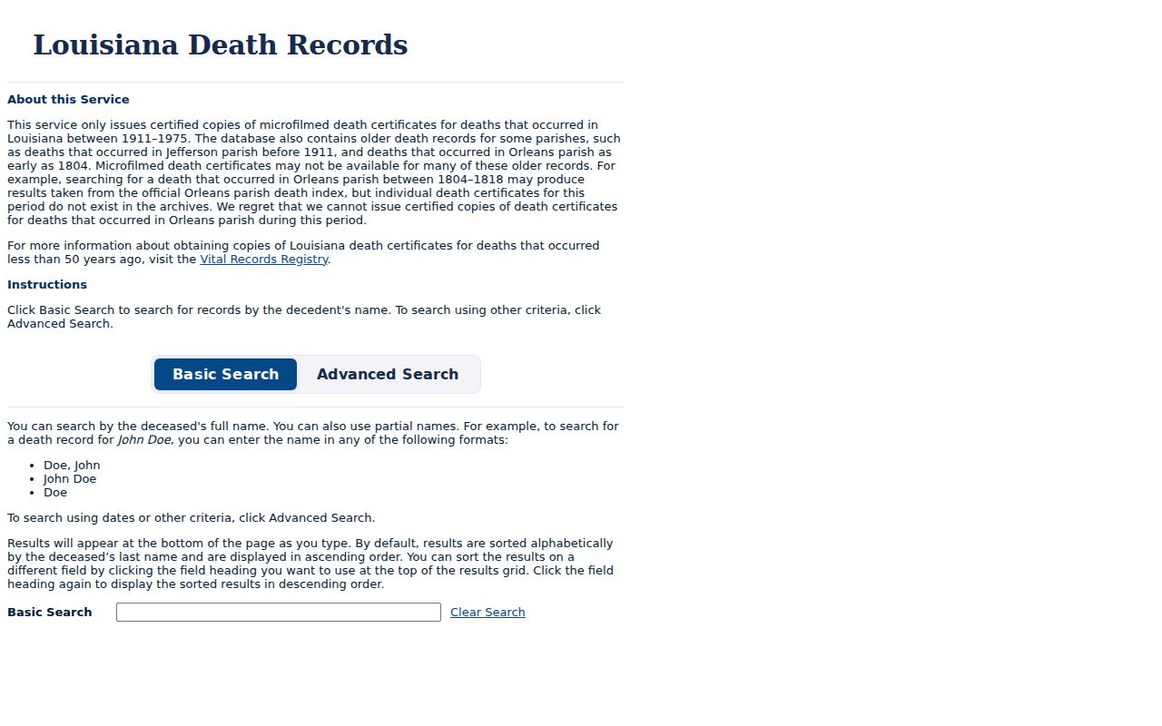 Louisiana State Archives death index search for historical Terrytown names
