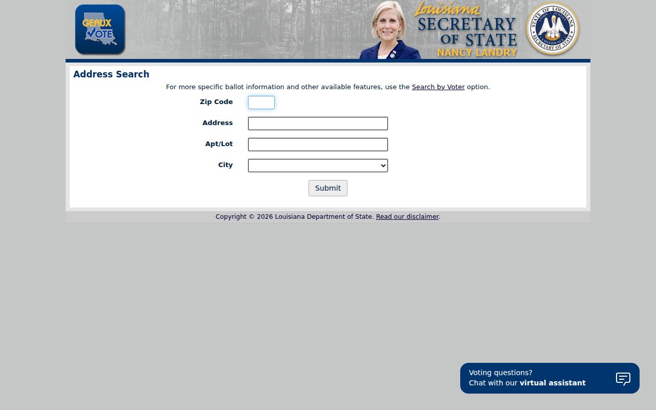 Louisiana Voter Portal address search used for Terrytown
