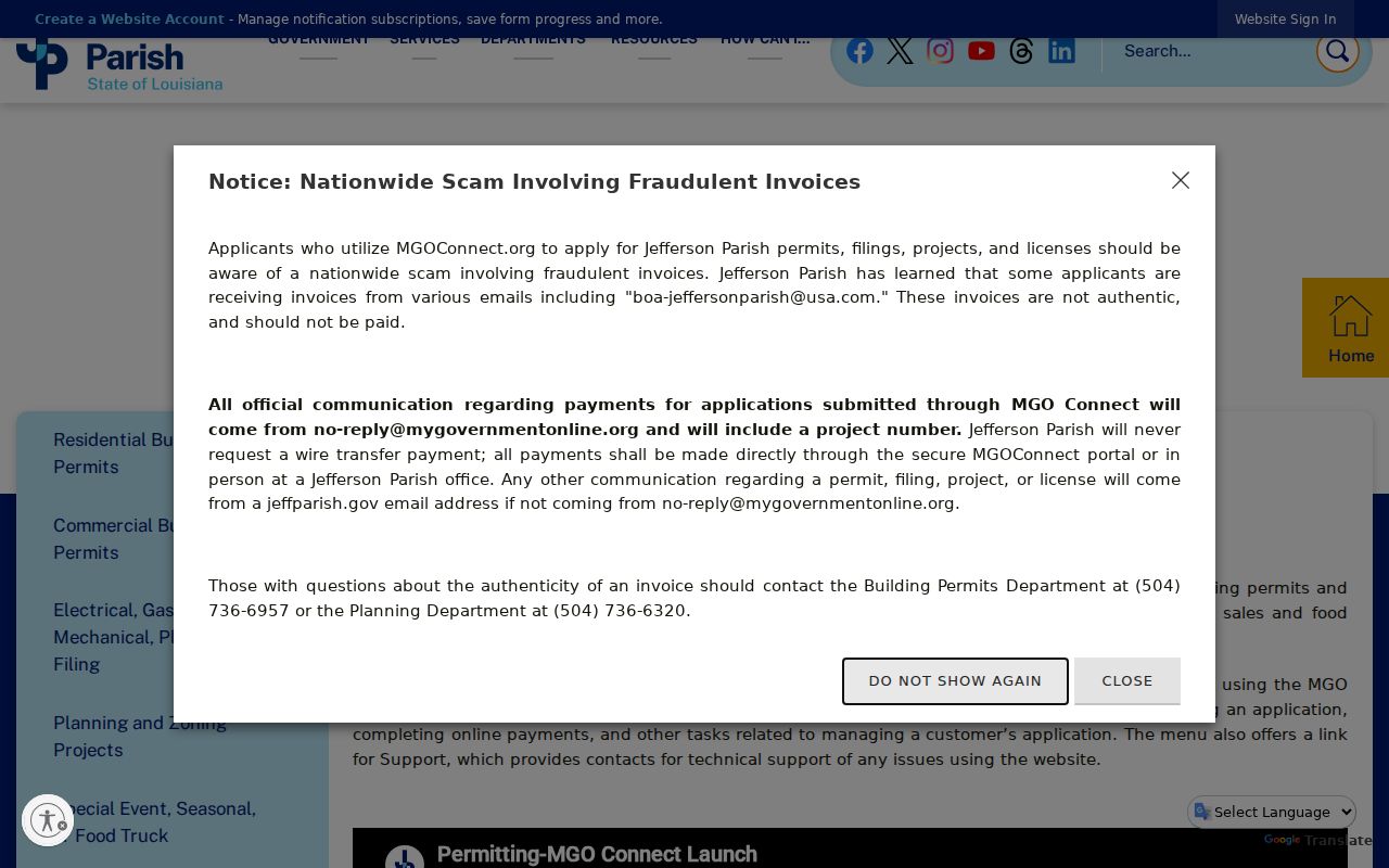 Jefferson Parish MGO permit portal for Terrytown property applications
