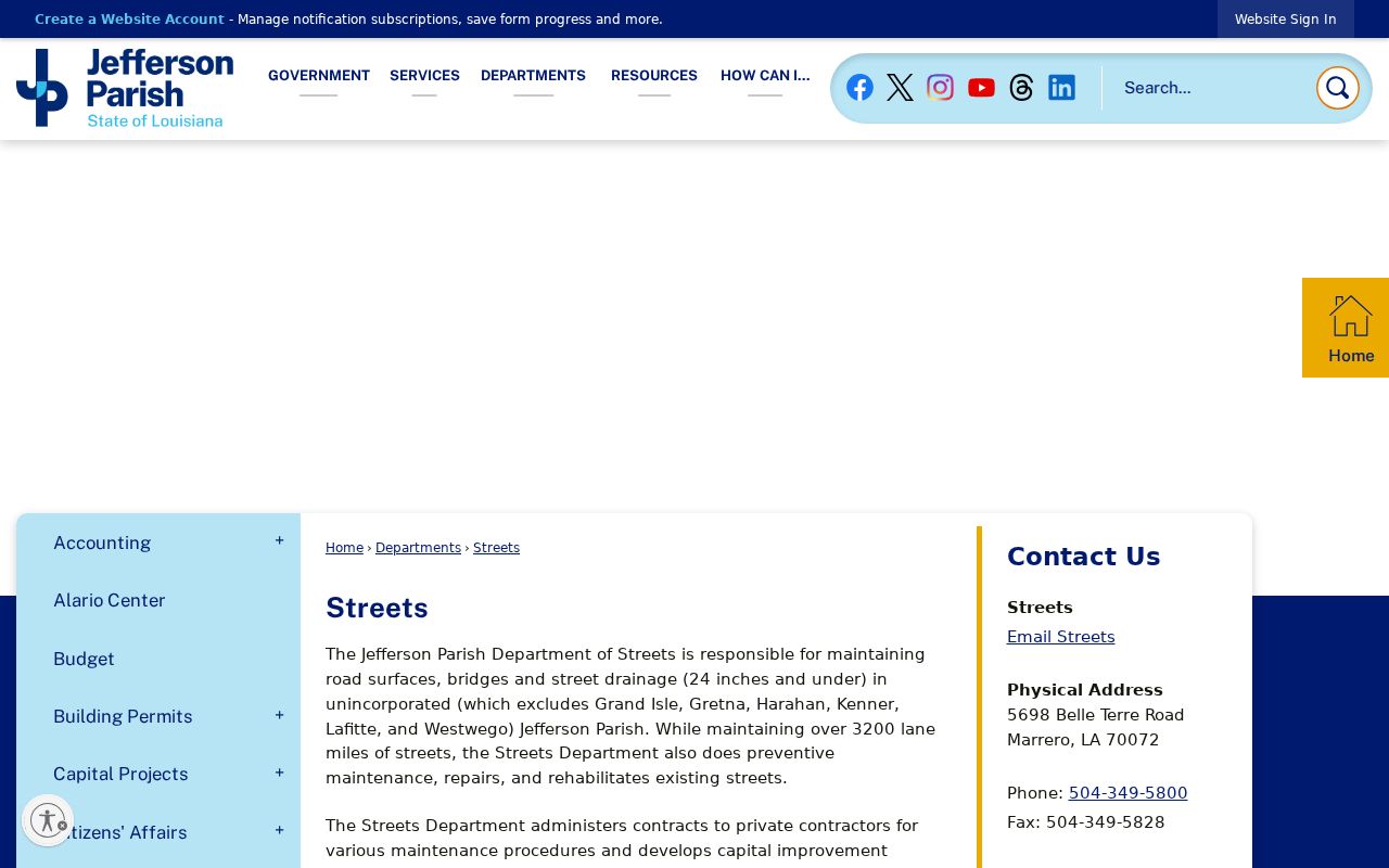 Jefferson Parish Streets page for Terrytown service and record routing
