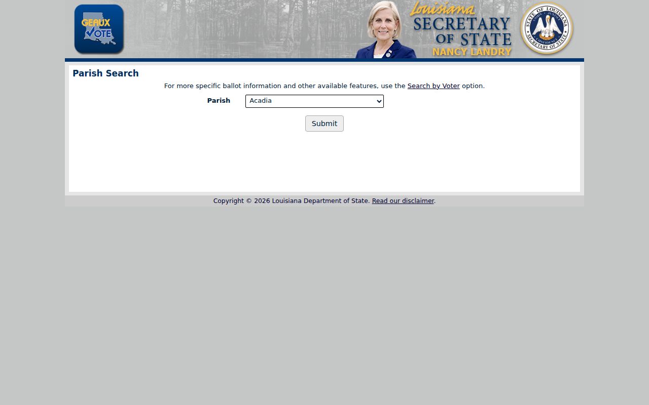 Louisiana Voter Portal parish selector for Jefferson Parish and Terrytown research